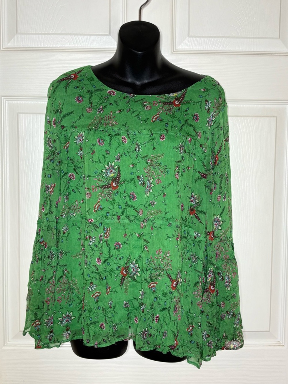 Sundance Green Floral Boho Blouse Flare Sleeve Ruffle Hem - Picture 5 of 11